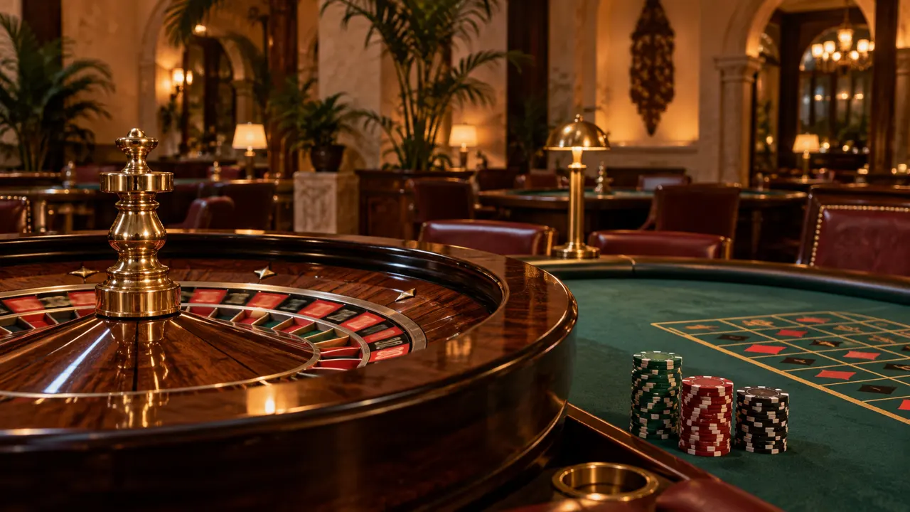 Ruleta y fichas en una sala de casino ilustrada